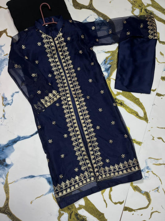 3 Pcs Girl's Silk Embroidered Kurta And Pajama
